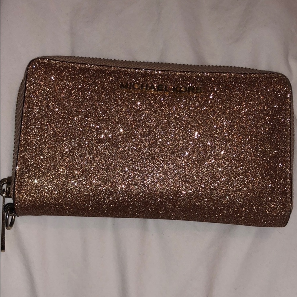 michael kors ROSE GOLD glittery clutch wallet